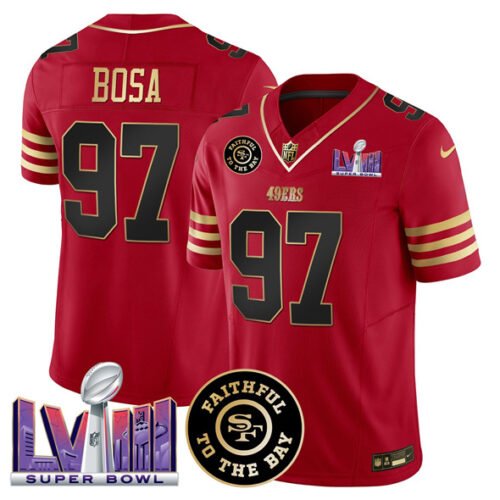 Red San Francisco 49ers #97 Nick Bosa 2025 F.U.S.E. Faithful & Super Bowl LVIII Patch Vapor Limited Stitched Football Jersey - SFR31