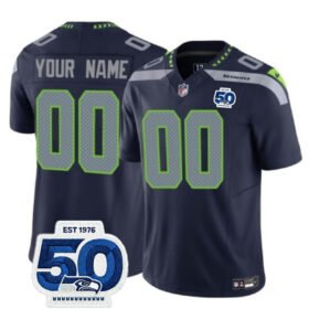 Navy Seattle Seahawks Active Player Custom 2025 F.U.S.E. 50th Anniversary Patch Vapor Untouchable Limited Stitched Football Jersey - SSR44