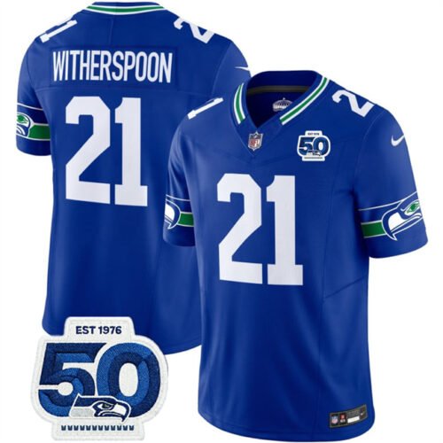 Royal Seattle Seahawks #21 Devon Witherspoon 2025 F.U.S.E 50th Anniversary Patch Throwback Vapor Limited Stitched Football Jersey - SSR56