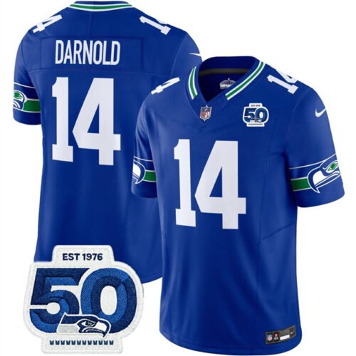 Royal Seattle Seahawks #14 Sam Darnold 2025 F.U.S.E 50th Anniversary Patch Throwback Vapor Limited Stitched Football Jersey - SSR46
