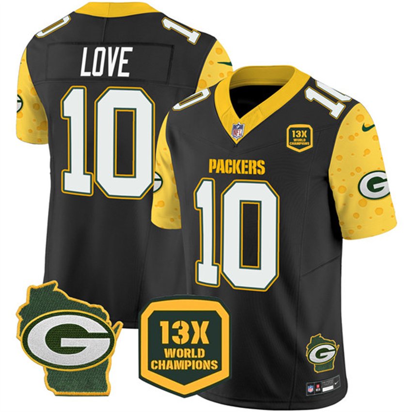 Cheese Black Green Bay Packers #10 Jordan Love 2024 F.U.S.E. 13 Time World Champions And Home Patch Vapor Untouchable Limited Stitched Football Jersey - GBJ579