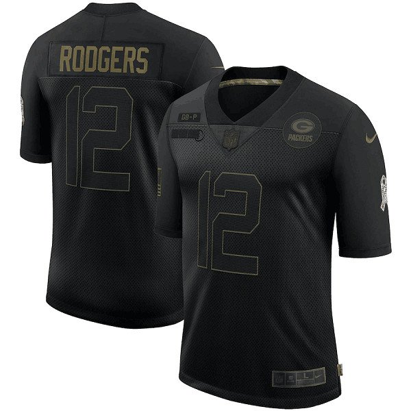 Green Bay Packers #12 Aaron Rodgers Black 2020 Salute To Service Limited Stitched Jersey - GBJ12