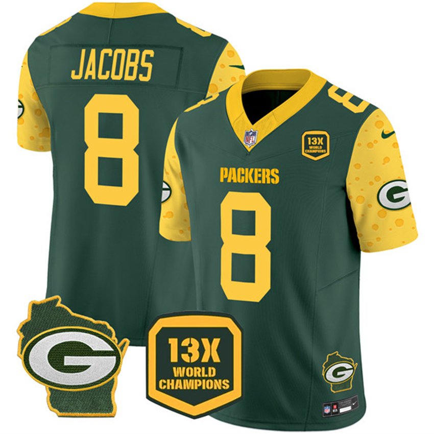 Cheese Green Green Bay Packers #8 Josh Jacobs 2024 F.U.S.E. 13 Time World Champions And Home Patch Vapor Untouchable Limited Stitched Football Jersey - GBJ524