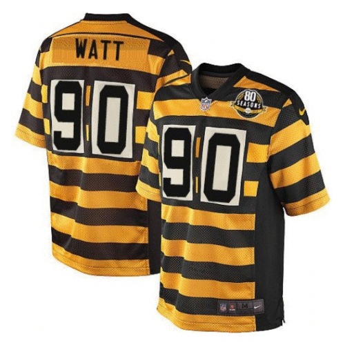Yellow/Black Pittsburgh Steelers #90 T. J. Watt Alternate 80TH Anniversary Throwback Stitched Jersey - PSJ393