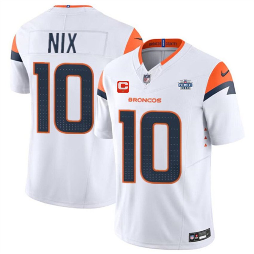 White Denver Broncos #10 Bo Nix 2024 F.U.S.E. With Draft Pacth and 1-Star C Patch Vapor Limited Stitched Football Jersey