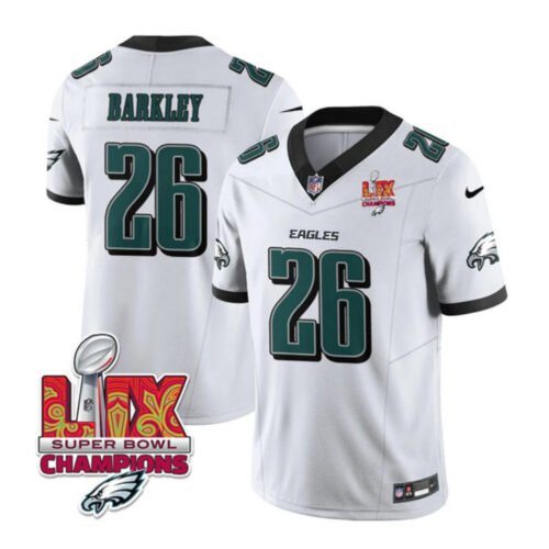 White Philadelphia Eagles #26 Saquon Barkley 2025 Eagles Logo Super Bowl LIX Patch New F.U.S.E. Vapor Untouchable Limited Stitched Football Jersey - PEL20