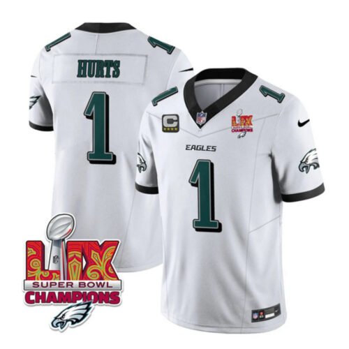 White Philadelphia Eagles #1 Jalen Hurts 2025 Eagles Logo Super Bowl LIX Patch And 4-Star C Patch New F.U.S.E. Vapor Untouchable Limited Stitched Football Jersey - PEL16