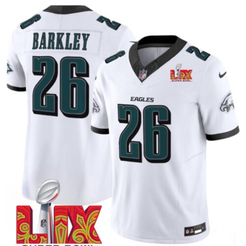 White Philadelphia Eagles #26 Saquon Barkley 2025 Super Bowl LIX Patch F.U.S.E. Vapor Limited Stitched Football Jersey - PEL08