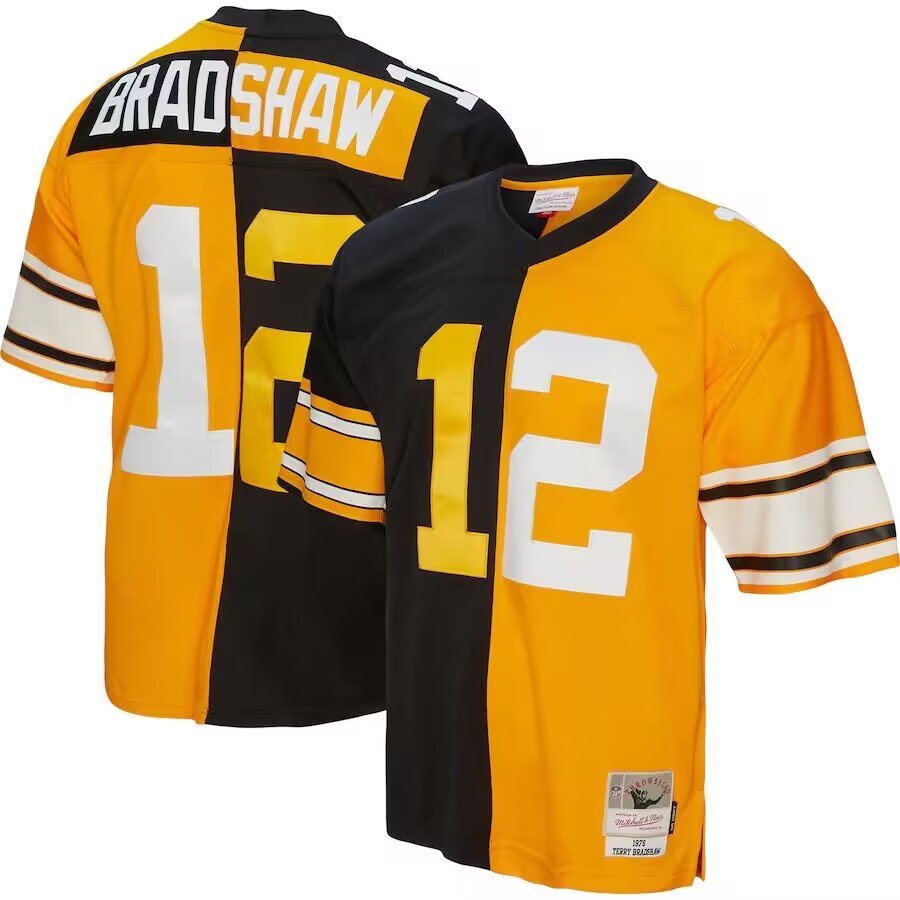 Black/Gold Pittsburgh Steelers Custom Mitchell & Ness 1976 Split Legacy Replica Stitched Jersey - PSJ286