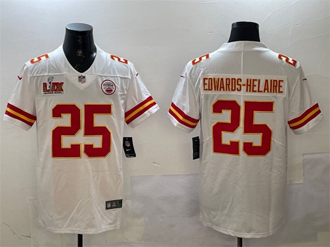 White Kansas City Chiefs #25 Clyde Edwards-Helaire 2025 Super Bowl LIX Patch Vapor Untouchable Limited Stitched Football Jersey - KCJ12