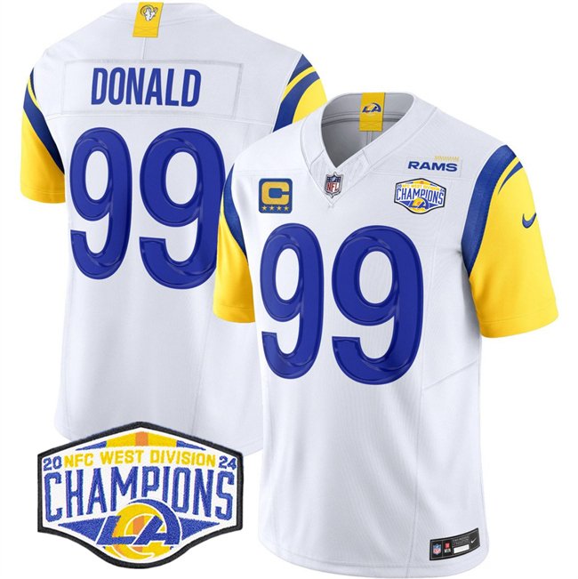 White Los Angeles Rams #99 Aaron Donald 2024 NFC West Champions With 4-Star C Patch F.U.S.E. Vapor Untouchable Stitched Football Jersey - LAR18