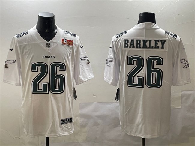 White Philadelphia Eagles #26 Saquon Barkley 2025 Super Bowl LIX Patch Fashion Vapor Untouchable Limited Stitched Football Jersey - PEL42