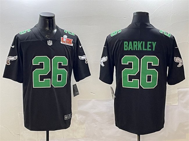 Black Philadelphia Eagles #26 Saquon Barkley 2025 Super Bowl LIX Patch Throwback Vapor Untouchable Limited Stitched Football Jersey - PEL97