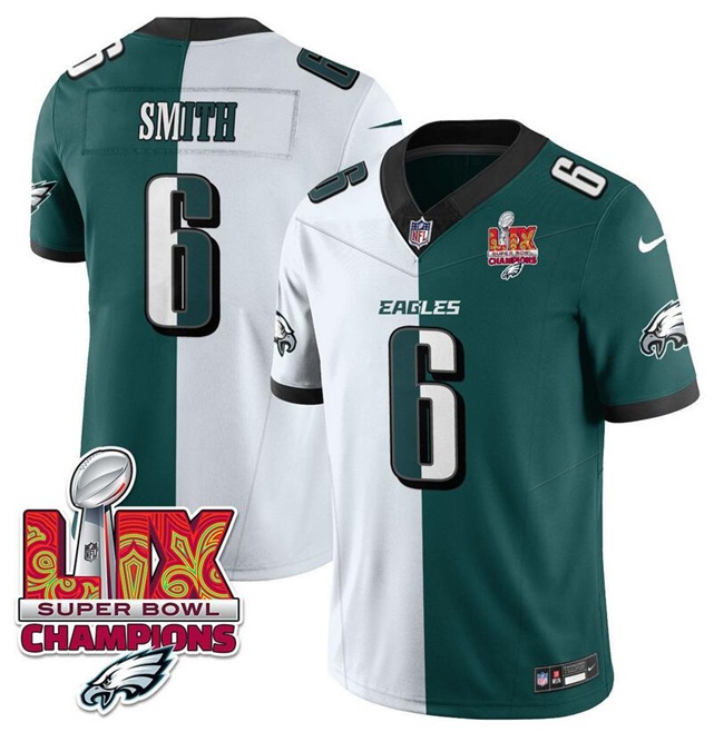 White/Green Philadelphia Eagles #6 DeVonta Smith Split 2025 Super Bowl LIX Champions Patch F.U.S.E. Vapor Untouchable Limited Stitched Football Jersey - PEL119