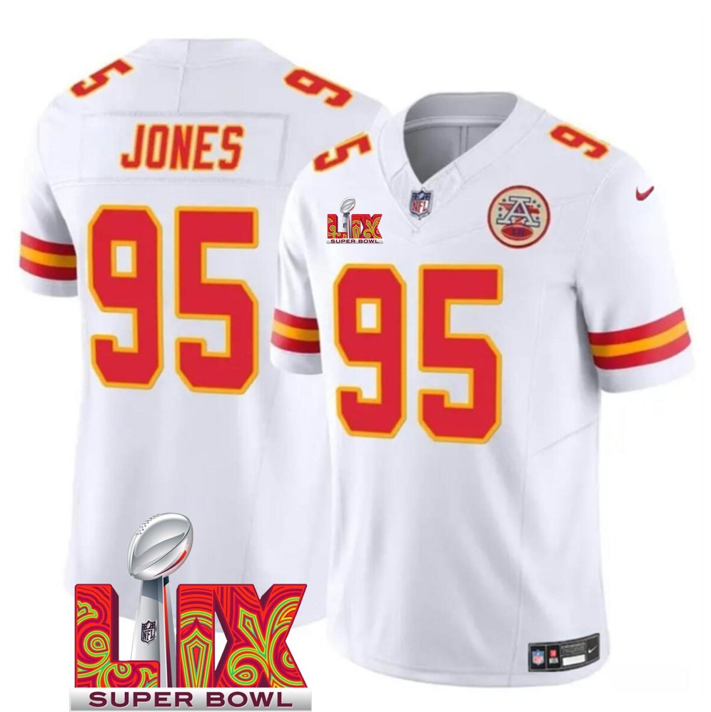 White Kansas City Chiefs #95 Chris Jones 2025 Super Bowl LIX Patch F.U.S.E. Vapor Limited Stitched Football Jersey - KCJ04