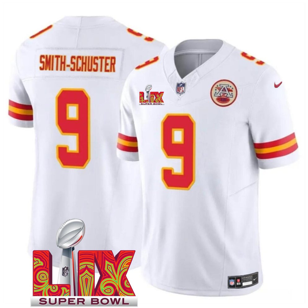 White Kansas City Chiefs #9 JuJu Smith-Schuster 2025 Super Bowl LIX Patch F.U.S.E. Vapor Limited Stitched Football Jersey - KCJ88