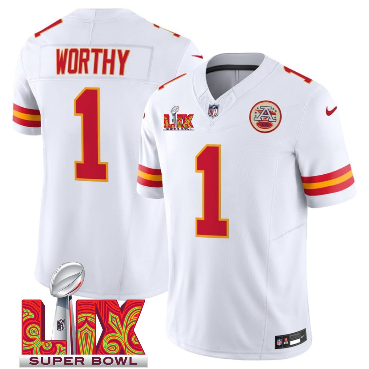 White Kansas City Chiefs #1 Xavier Worthy 2025 Super Bowl LIX Patch F.U.S.E. Vapor Limited Stitched Football Jersey - KCJ03