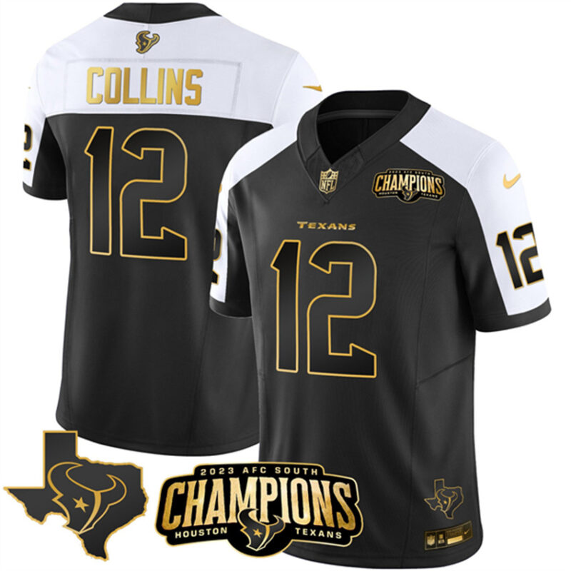 Black/White Houston Texans #12 Nico Collins Golden 2023 F.U.S.E. With AFC South Champions Patch And Team Logo Patch Limited Stitched Football Jersey - HTJ102