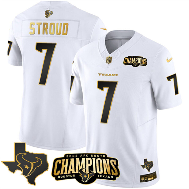 White Houston Texans #7 C.J. Stroud Golden 2023 F.U.S.E. With AFC South Champions Patch And Team Logo Patch Limited Stitched Football Jersey - HTJ278
