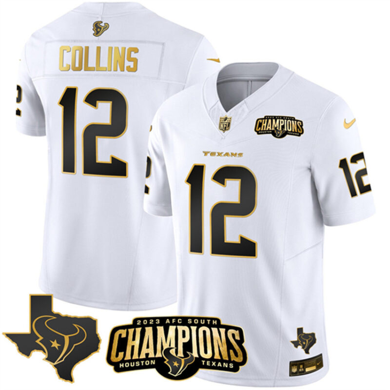 White Golden Houston Texans #12 Nico Collins 2023 F.U.S.E. With AFC South Champions Patch Limited Stitched Football Jersey - HTJ21