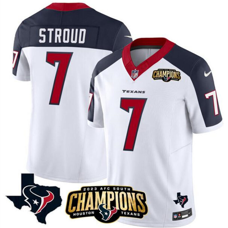 White/Navy Houston Texans #7 C.J. Stroud 2023 F.U.S.E. AFC South Champions Patch And Team Logo Patch Vapor Untouchable Limited Stitched Football Jersey - HTJ238