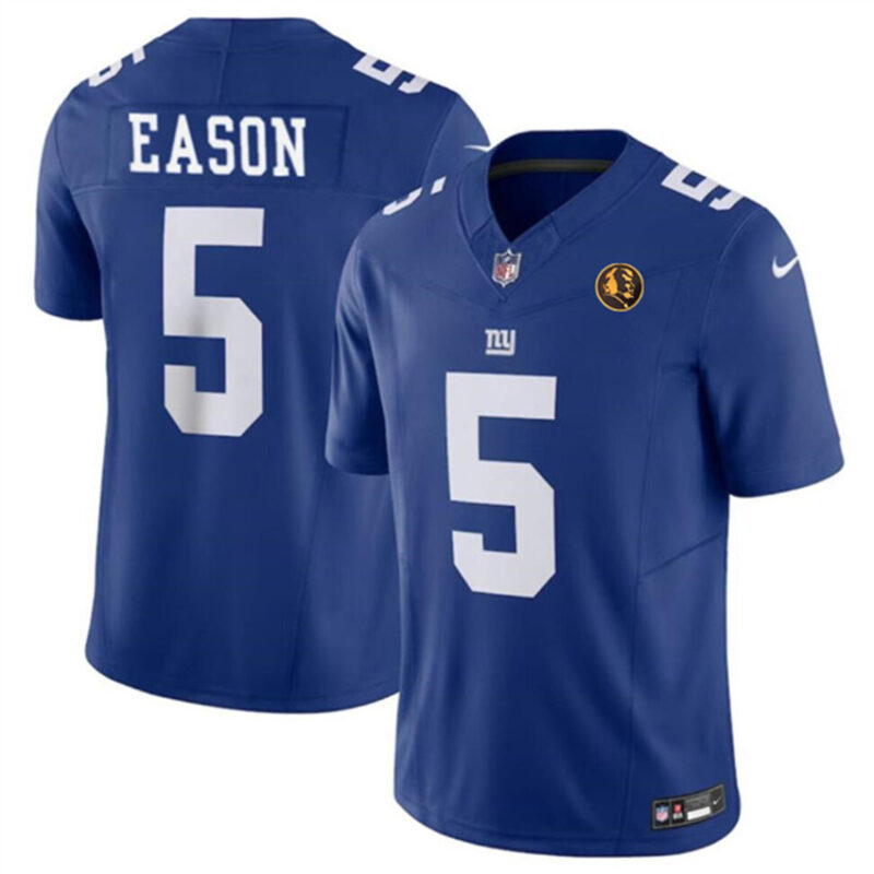 Blue New York Giants #5 Jacob Eason 2023 F.U.S.E. With John Madden Patch Vapor Limited Stitched Football Jersey - NYG176