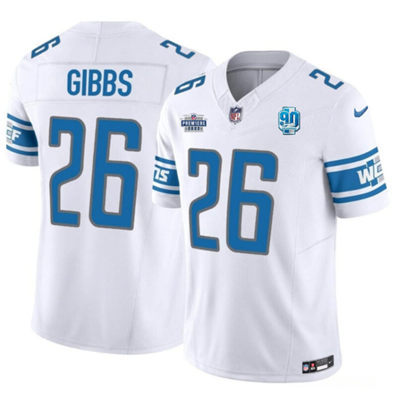 White Detroit Lions #26 Jahmyr Gibbs 2023 F.U.S.E. With Prem1ere Patch 90th Anniversary Vapor Untouchable Limited Stitched Football Jersey - DTL35