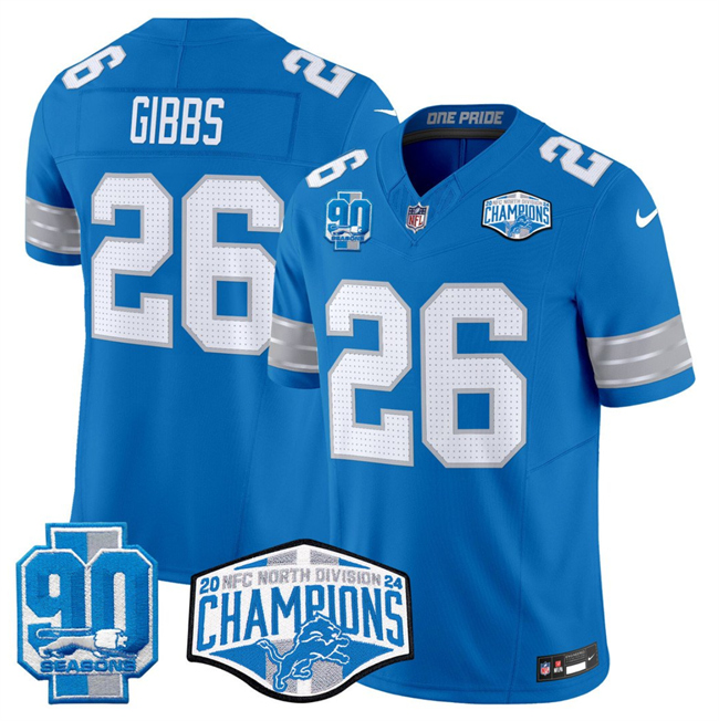 Blue Detroit Lions #26 Jahmyr Gibbs 2024 NFC North Champions 90th Anniversary Patch F.U.S.E. Vapor Limited Stitched Jersey - DTL15