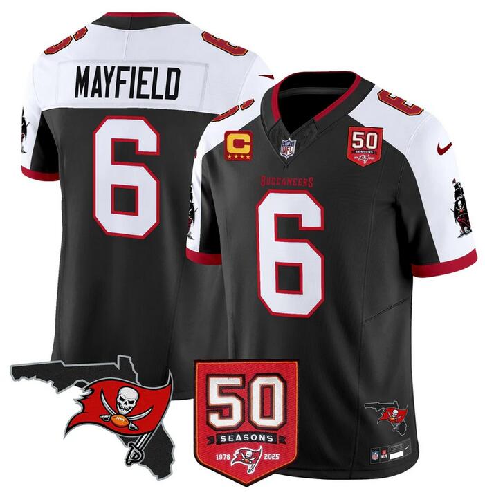 Black Tampa Bay Buccaneers #6 Baker Mayfield Alternate F.U.S.E. 50th Season & 4-Star C Patch Vapor Limited Stitched Football Jersey - TBB37