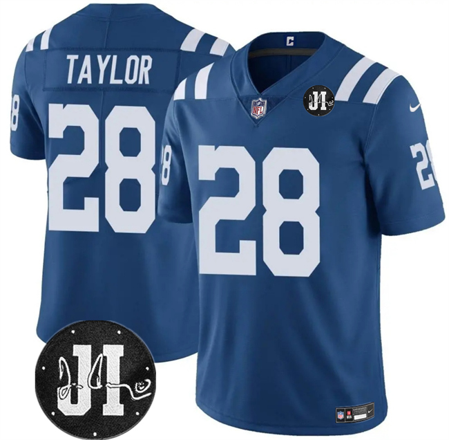 Blue Indianapolis Colts #28 Jonathan Taylor Jim Irsay Patch Vapor Stitched Jersey - IDC43