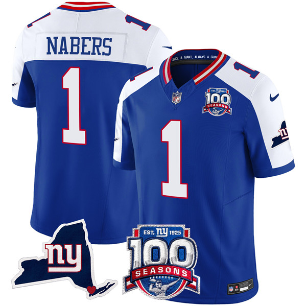 Royal New York Giants #1 Malik Nabers 2024 F.U.S.E. 100th Season And State Patch Vapor Limited Alternate Stitched Football Jersey - NYG34