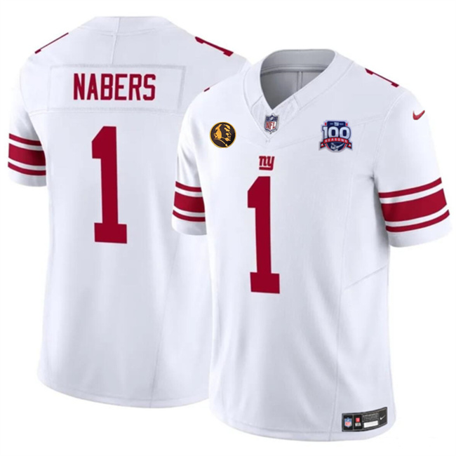 White New York Giants #1 Malik Nabers 2024 Draft F.U.S.E. With John Madden Patch And 100TH Season Patch Vapor Untouchable Limited Stitched Jersey - NYG25